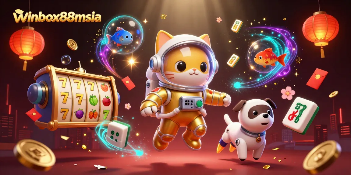Winbox88msia offers an exciting visual of space gaming with a cat astronaut and dynamic gaming elements.