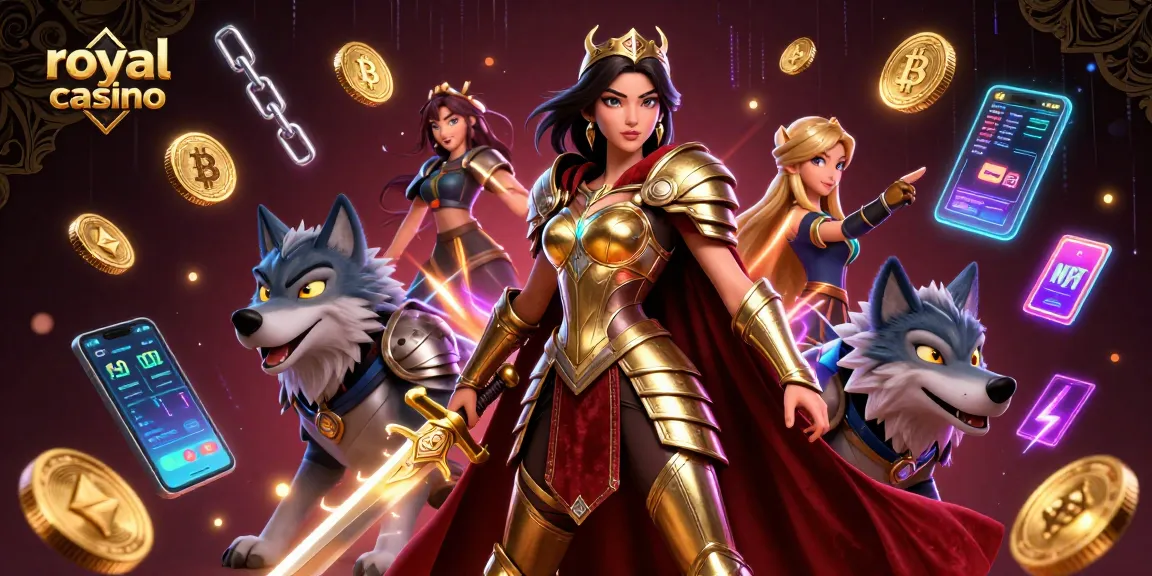 Engage with royal casino where a warrior queen and her glowing wolf companion battle in a vibrant 3D scene.