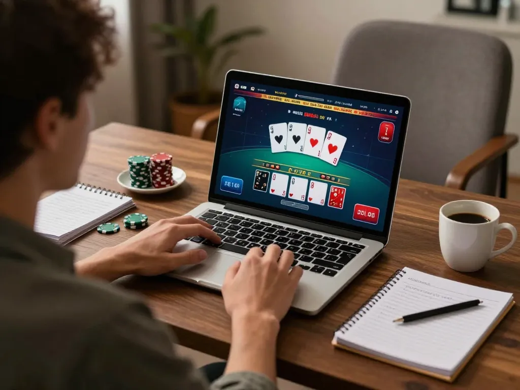 Engaging in live dealer blackjack on BCX88, showcasing online gaming strategy at home.