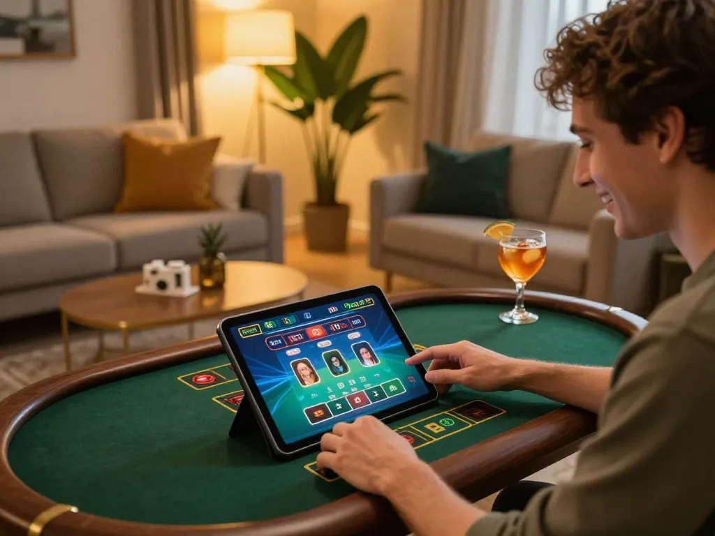 Player enjoying okfun online gambling on a tablet in a cozy home setting, with excitement visible.
