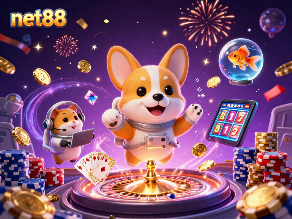 Experience the excitement of net88 with a playful astronaut corgi in a vibrant casino scene.