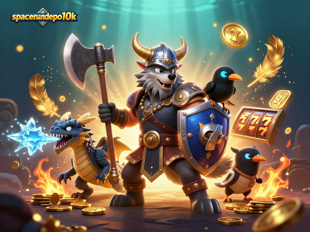 Experience the excitement of spacemandepo10k with a dynamic Viking wolf and dragon in action.