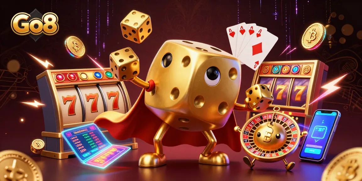 Engage with Go8’s vibrant gaming scene featuring lively brand elements and slot symbols.
