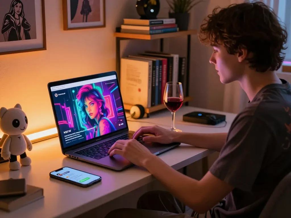 Engaged user enjoying NSFW AI chat session with cozy ambiance, vibrant digital art on screen.