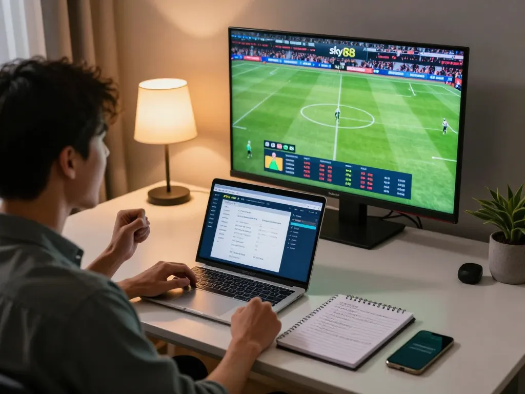 Player enjoying sports betting with Sky88 interface visible, cheering on live match in modern setup.