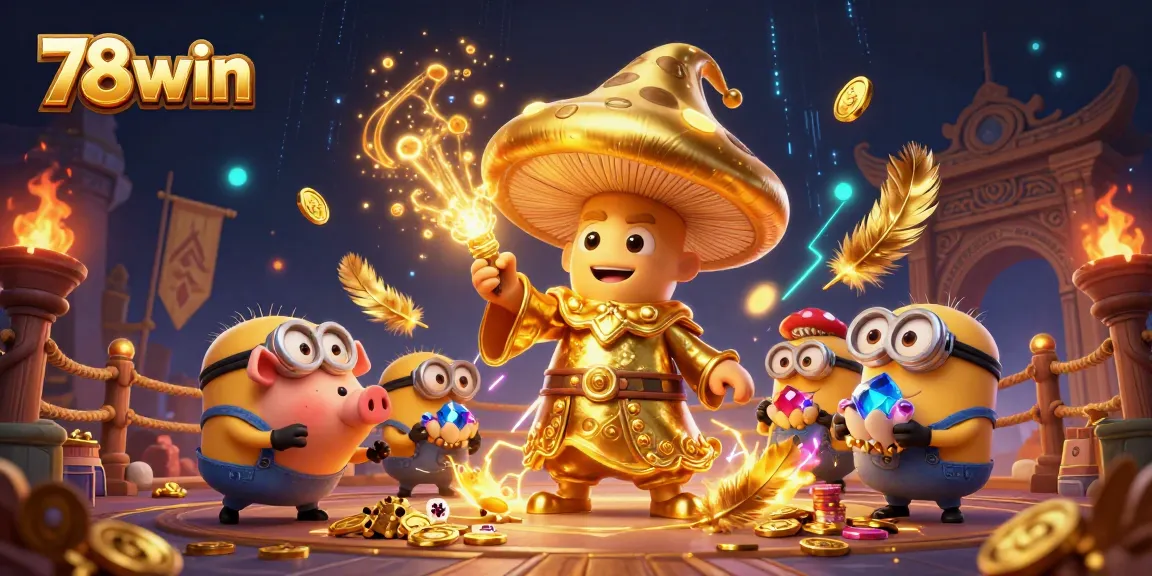Experience the excitement of winning with 78win's golden wizard, treasure pig, and sparkling jewels in a vibrant casino scene.