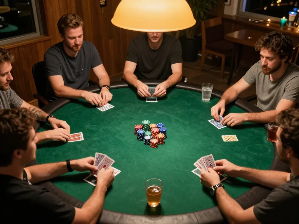 Players enjoying a thrilling poker game at home, showcasing u888's engaging gambling experience in a cozy setting.