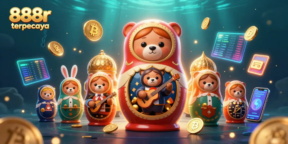 Engage with 888r terpercaya, showcasing a vibrant 3D casino scene with playful characters and crypto elements.