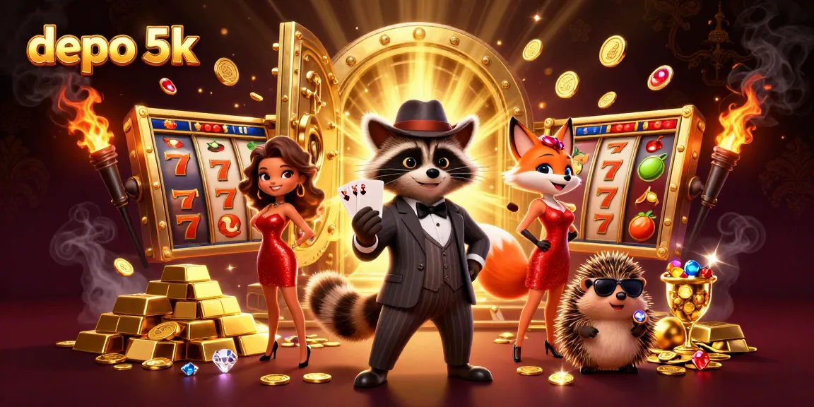 Spin the reels of depo 5k with a raccoon in a pinstripe suit, fox lady, and hedgehog bouncer in a rich casino scene.