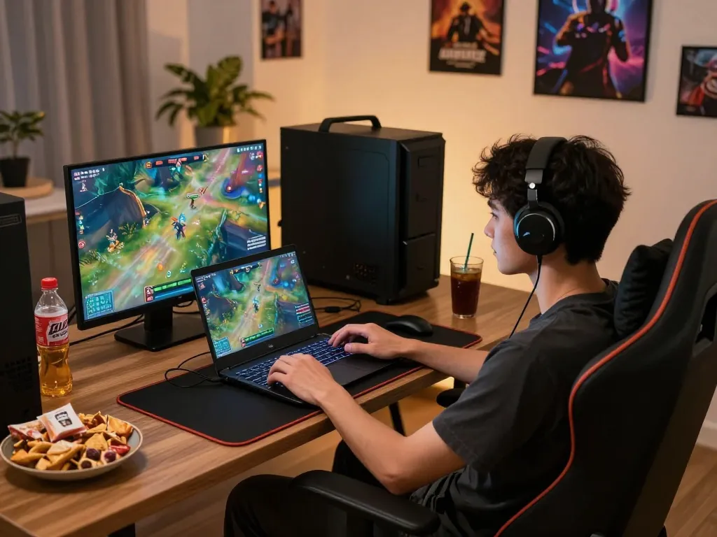 Engaging in online gaming on tle-online with vibrant graphics and a cozy atmosphere in a home office setup.