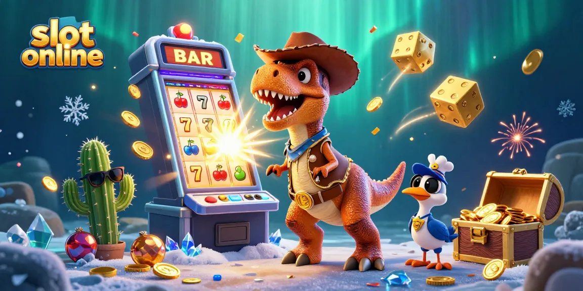 Experience exciting slot online adventures with a T-Rex cowboy amidst jackpot winnings.