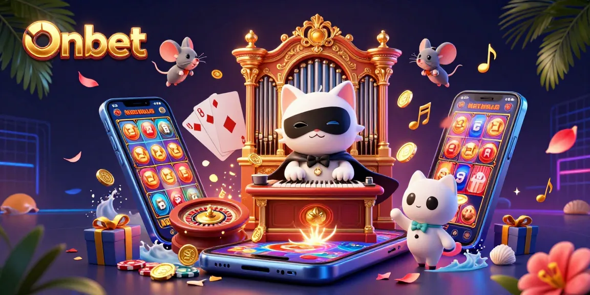 Experience winning at Onbet with a dynamic 3D casino scene featuring a white cat and acrobat.