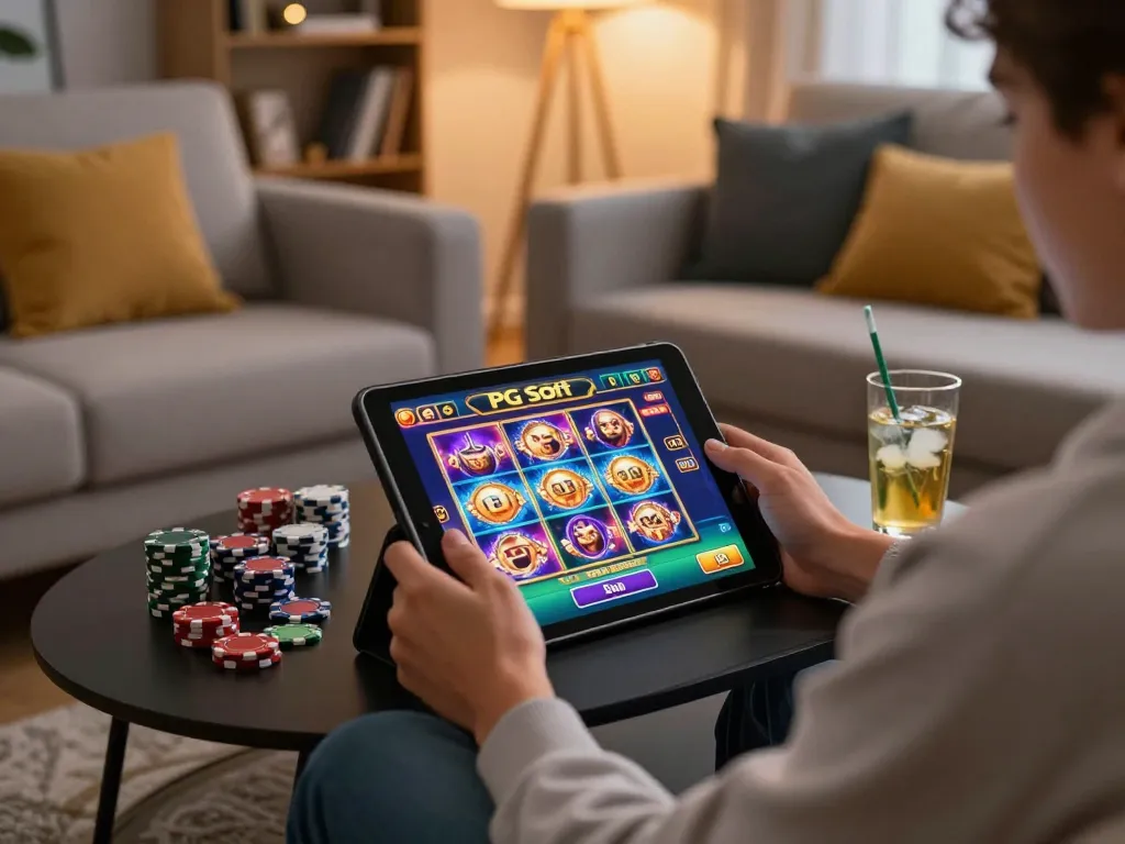 Terlibat dalam slot Demo PG Soft di tablet, menekankan suasana permainan kasino seluler