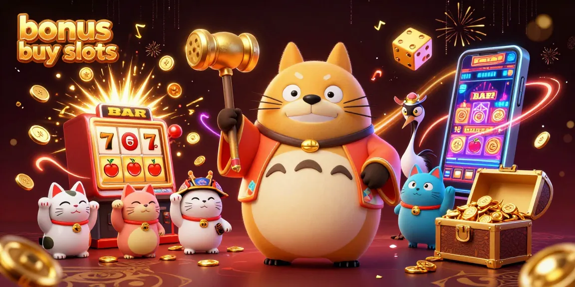 Engage with exciting bonus buy slots featuring 3D tanuki and vibrant game elements.