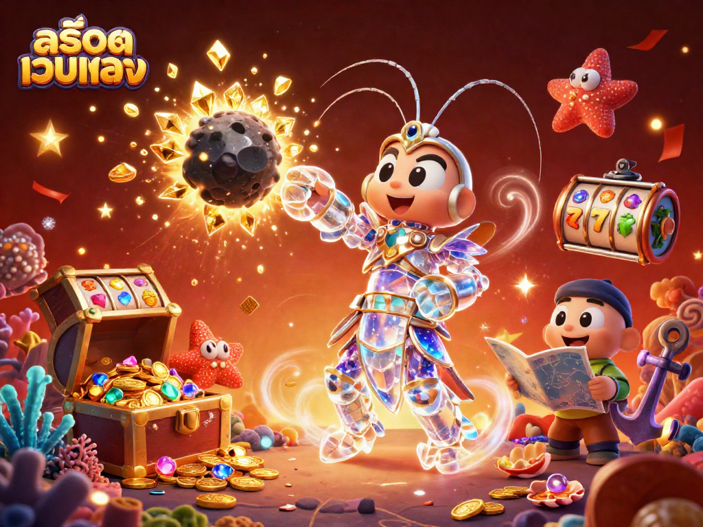 Engage with สล็อตเว็บตรง through a dynamic 3D scene filled with colorful gems, slot reels, and festive elements.