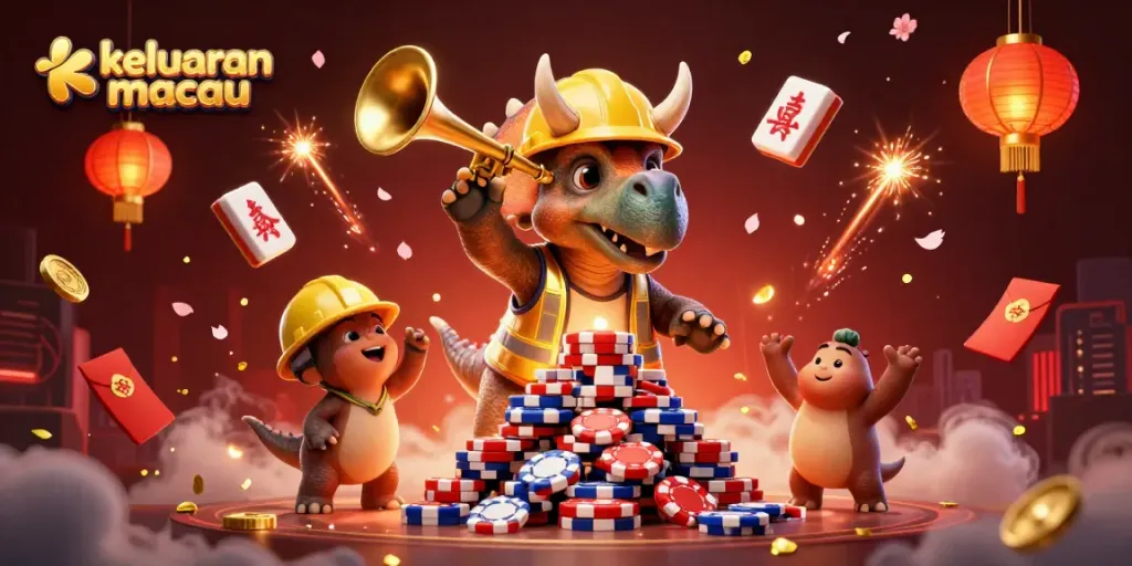 Menghadirkan keluaran macau dalam ilustrasi 3D yang penuh warna dengan karakter unik dan elemen perjudian.