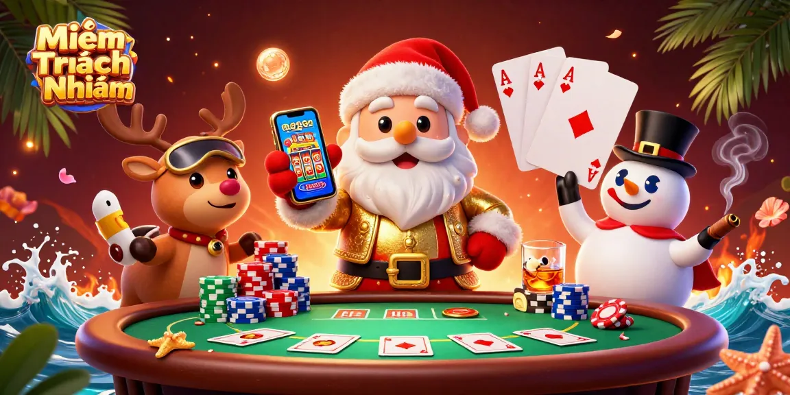 Experience Miễn Trách Nhiệm with Santa and friends celebrating at the casino.