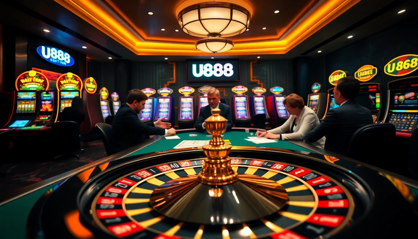 U888 players enjoying a thrilling experience at a luxurious casino table with vibrant slot machines.