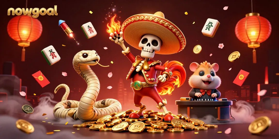 Nowgoal offers a vibrant scene with a mariachi rooster celebrating wins on a pile of coins.