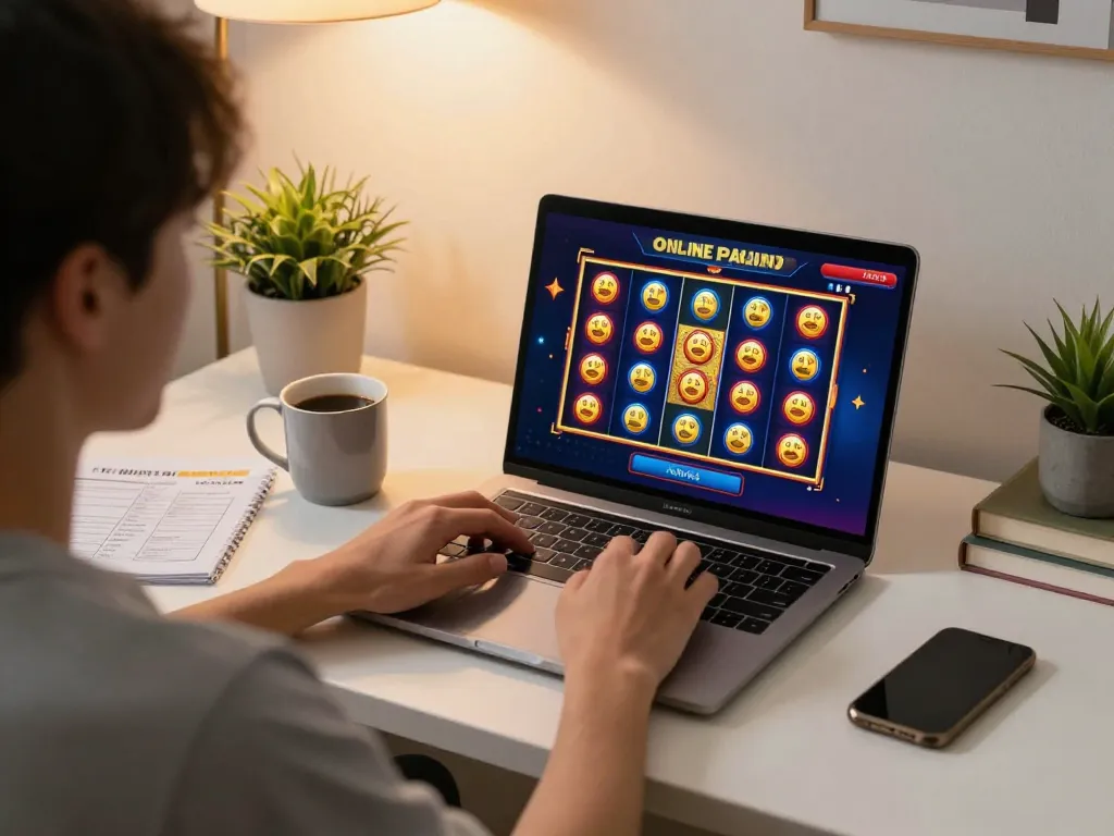 Engaging with malaysia online casino slot games on a laptop from a cozy home setup.