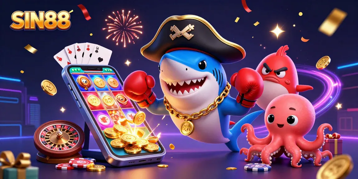 SIN88 showcases fun characters as they play lively casino games amidst dynamic graphics and vibrant celebrations.