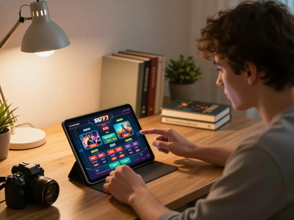 Player analyzing betting strategies on SG777 casino app on tablet in cozy home setting