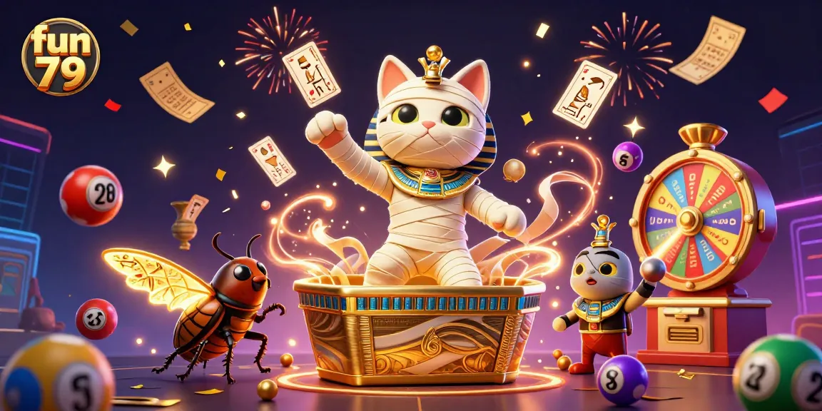 Experience the thrill of fun 79 as an Egyptian mummy cat and a scarab beetle showcase vibrant casino gaming elements in a colorful 3D scene.