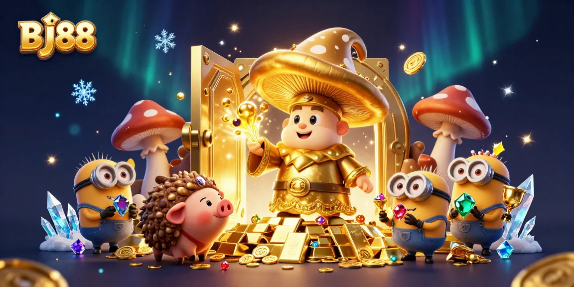 BJ88 invites players to discover golden treasures with a wizard and his truffle pig in a magical casino scene.