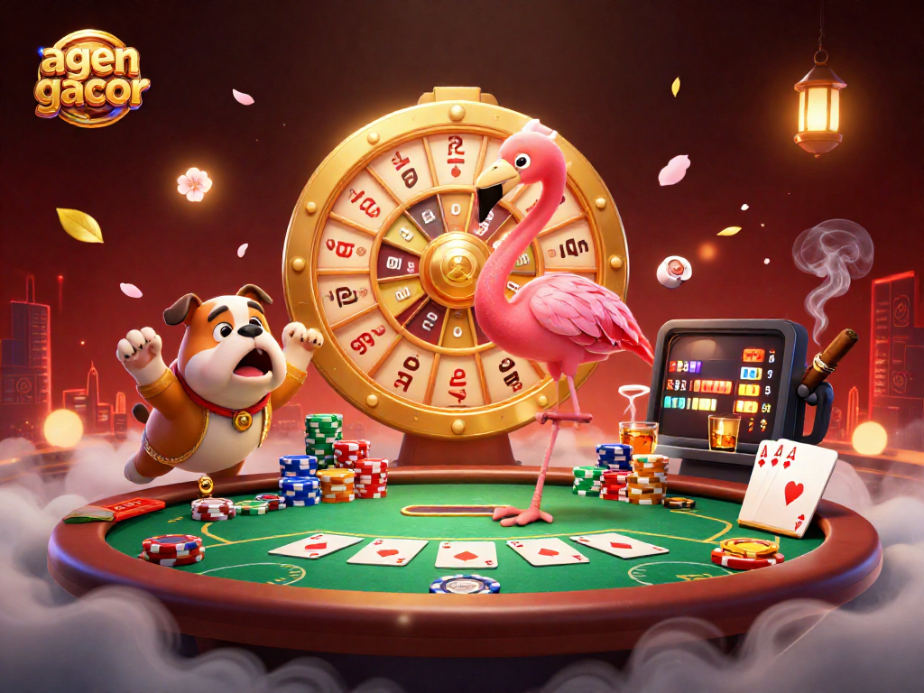 Spin the giant prize wheel at agen gacor while the excited bulldog leaps with joy!