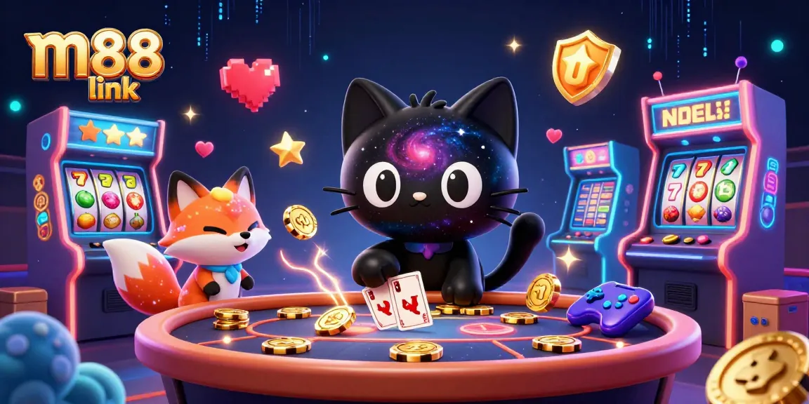 Experience m88 link's thrilling gaming adventure through a colorful cosmic casino scene.