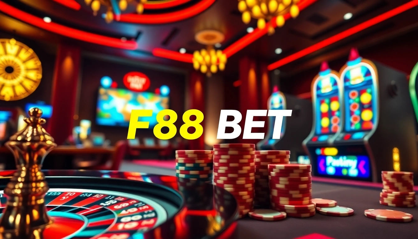 Engage in thrilling gameplay at F88BET with an elegant online casino setup featuring roulette and poker chips.
