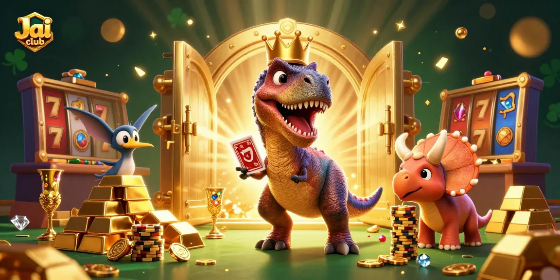 Catch exciting moments at Jai club with a playful dinosaur-themed casino scene featuring cards and chips.