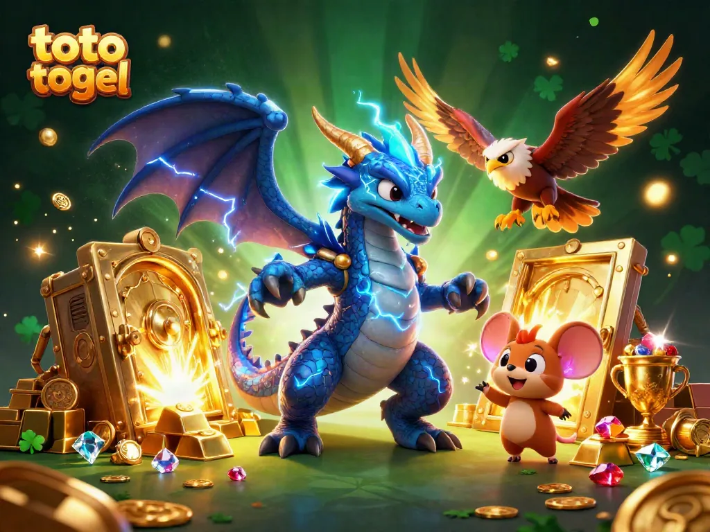 Experience thrilling toto togel excitement with a vibrant dragon, hawk, and treasures in dazzling 3D.