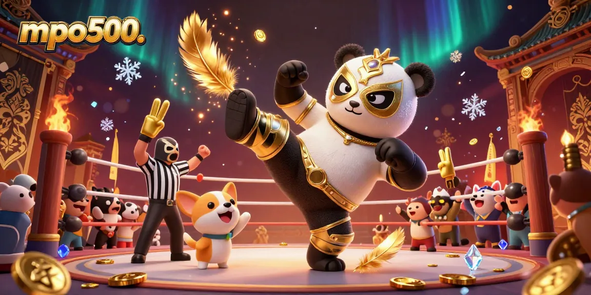 MPO500 interactive gaming excitement with a panda wrestler and chihuahua referee amidst cheering animal fans.