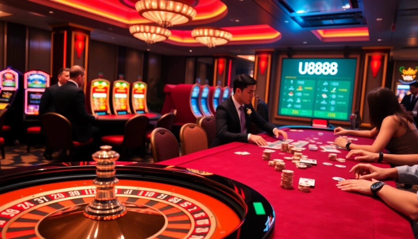Experience the thrill of U888 com at a luxurious casino featuring roulette, poker, and vibrant slot machines.