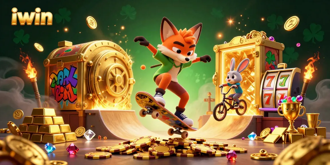iwin's exhilarating casino experience features a skateboarder fox and BMX rabbit amidst vibrant gambling elements.