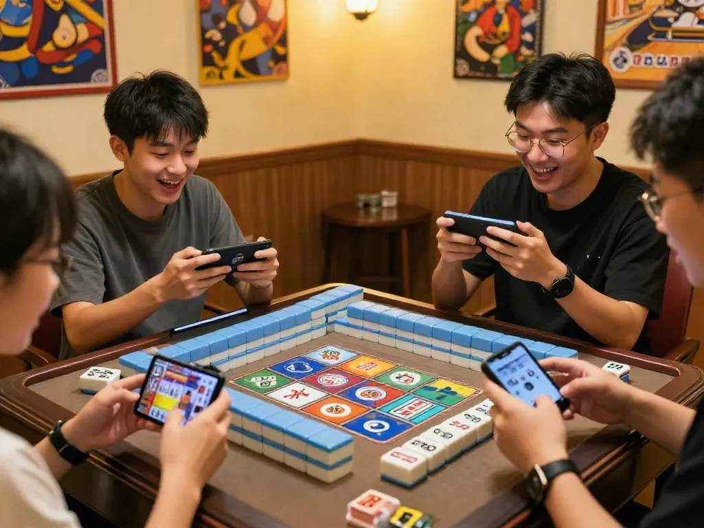 Pemain menikmati mahjong slot dengan antusiasme tinggi, menunjukkan simbol tradisional dan suasana hangat.