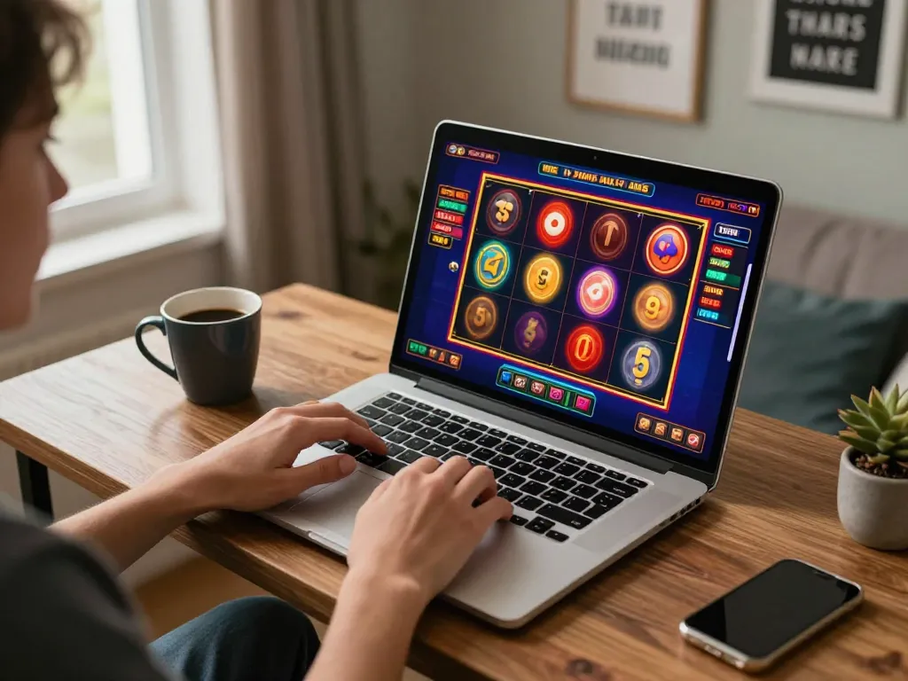 Player engaged in online gaming with n1888 slot machine on laptop, showcasing cozy atmosphere and strategy.