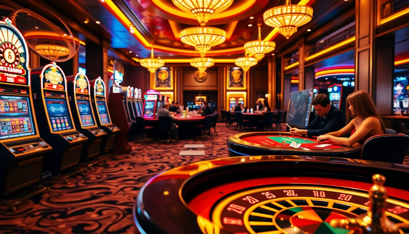 A dynamic casino scene at mm88 com featuring players at poker tables and slot machines.