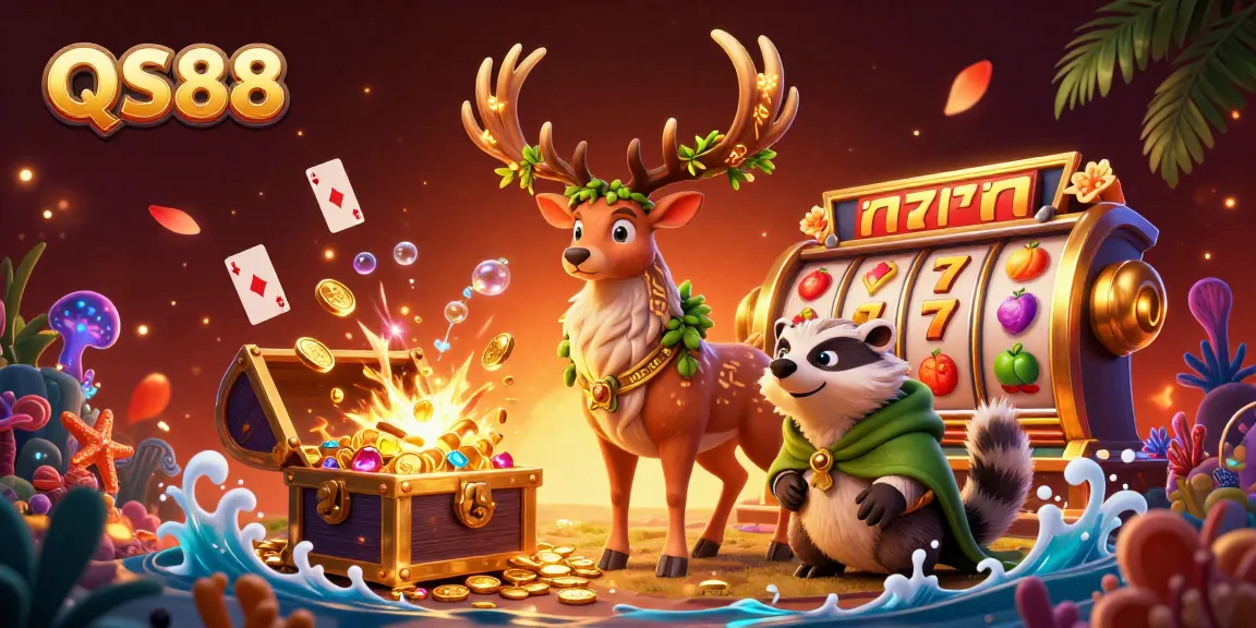 QS88 interactive casino scene with a druid stag, badger, and dynamic gaming elements