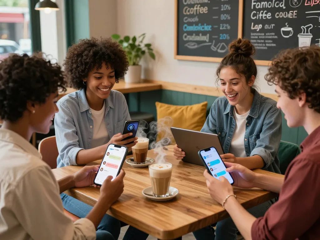 Engaged young adults enjoying 18+ AI interactions on smartphones in a cozy café.