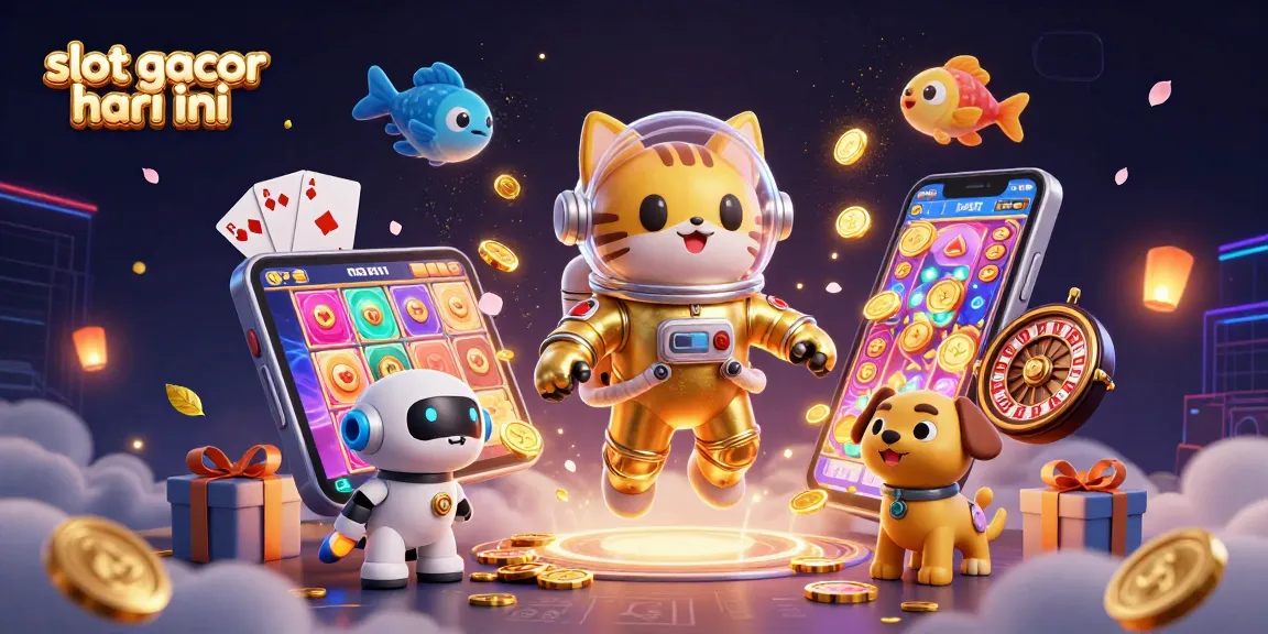 Rasakan slot gacor hari ini dengan ilustrasi kasino 3D yang menarik dan cerah yang menampilkan karakter dan elemen permainan.
