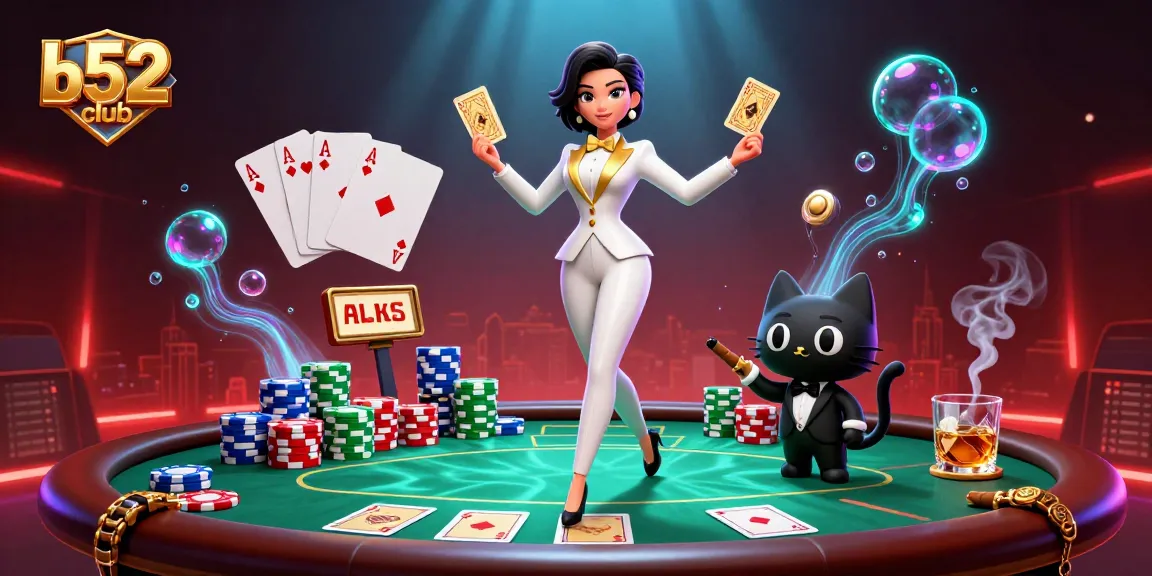 B52club's glamorous dealer showcases winning hands at a vibrant poker table filled with colorful chips.