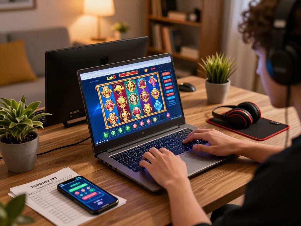 Experience online gaming with luck8 in an immersive home environment featuring a lively player and interactive casino interface