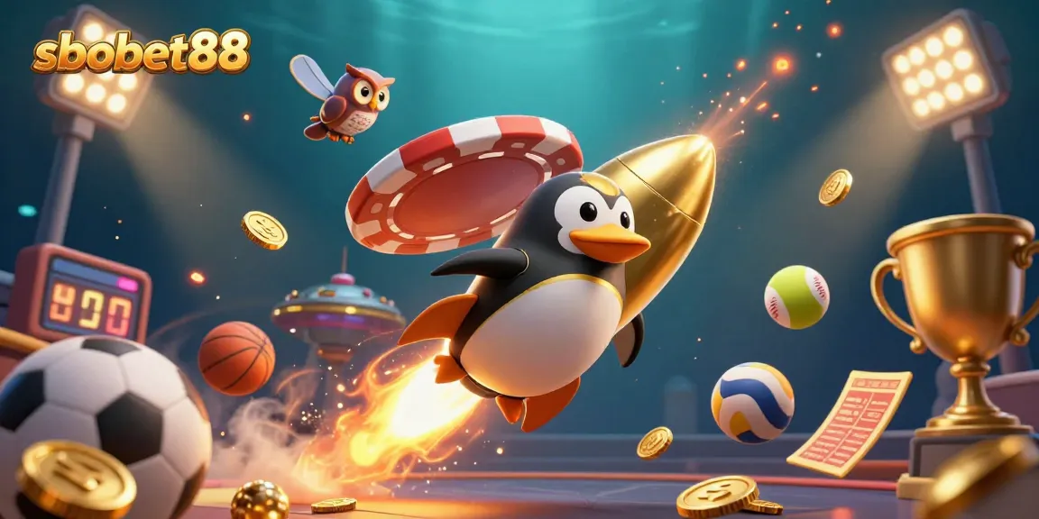SBOBET88 sports betting action featuring a penguin and golden coins in a dynamic casino illustration.