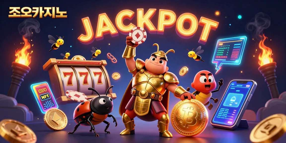 Experience thrilling wins at 조이카지노 with a dynamic slot gaming scene featuring joyful characters and glowing digital elements.