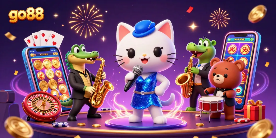 Engage with go88's vibrant casino scene featuring a singing cat, croc, and bear!