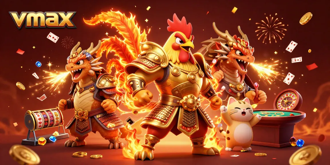 Experience thrilling vmax gameplay with a powerful rooster warrior and dragon hatchling in a vibrant casino setting.