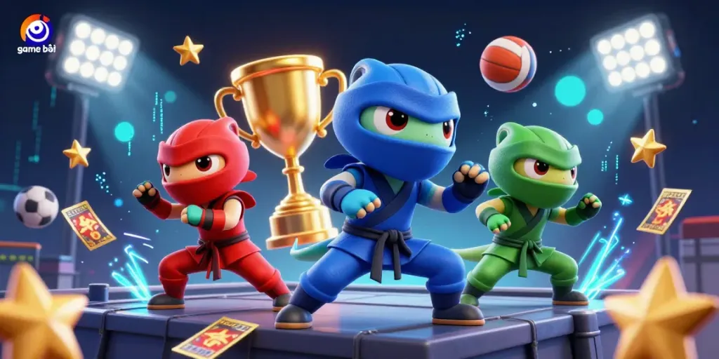 Experience thrilling game bài action with ninja chameleons amidst dynamic sports elements in a vibrant 3D scene.