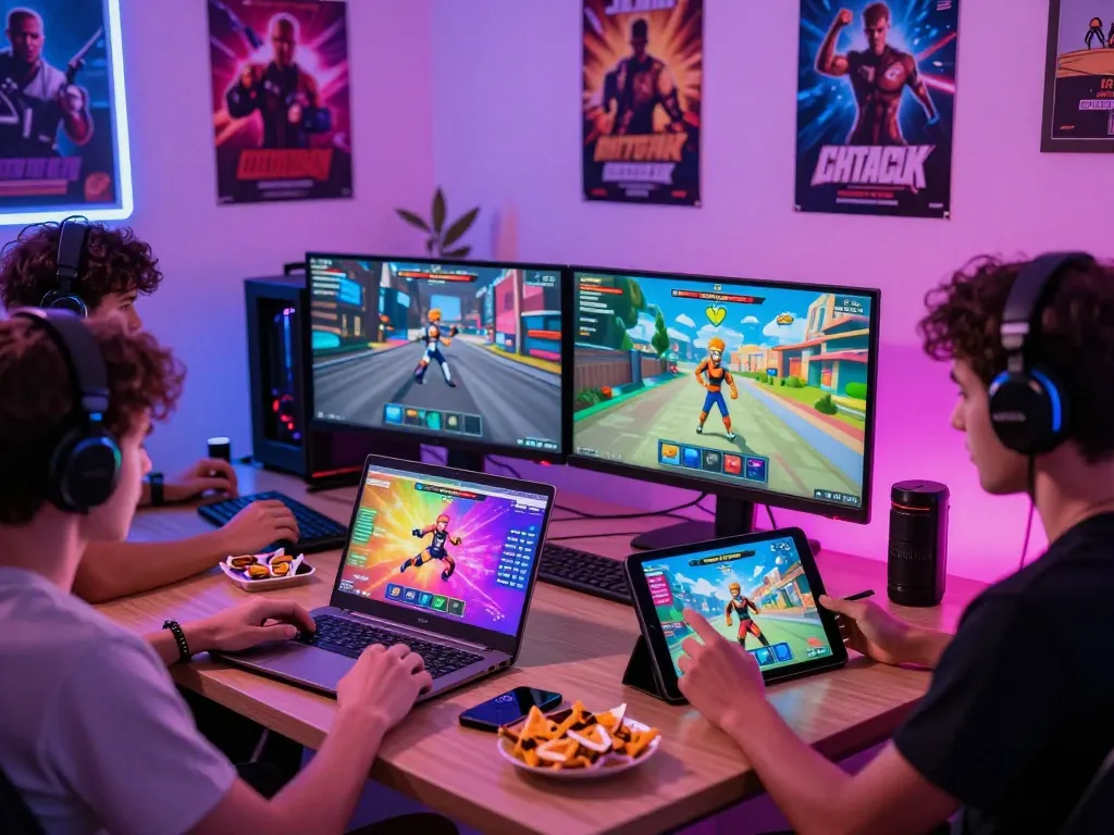 Engaging scene of players enjoying html porn games on laptops and tablets, showcasing vibrant gaming environment.